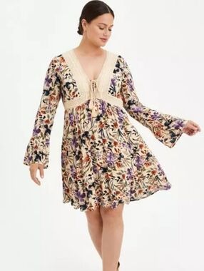 Torrid Mini Gauze Lace Up Skater Dress In Cream Floral